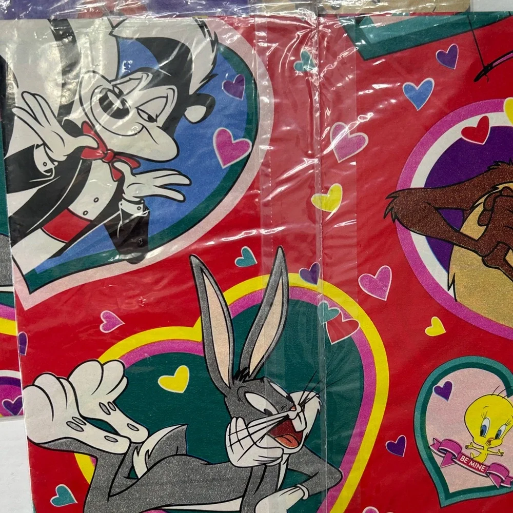 Vintage 90s Gift Wrap Looney Tones Square New Set of 3 Valentine's Day Theme
